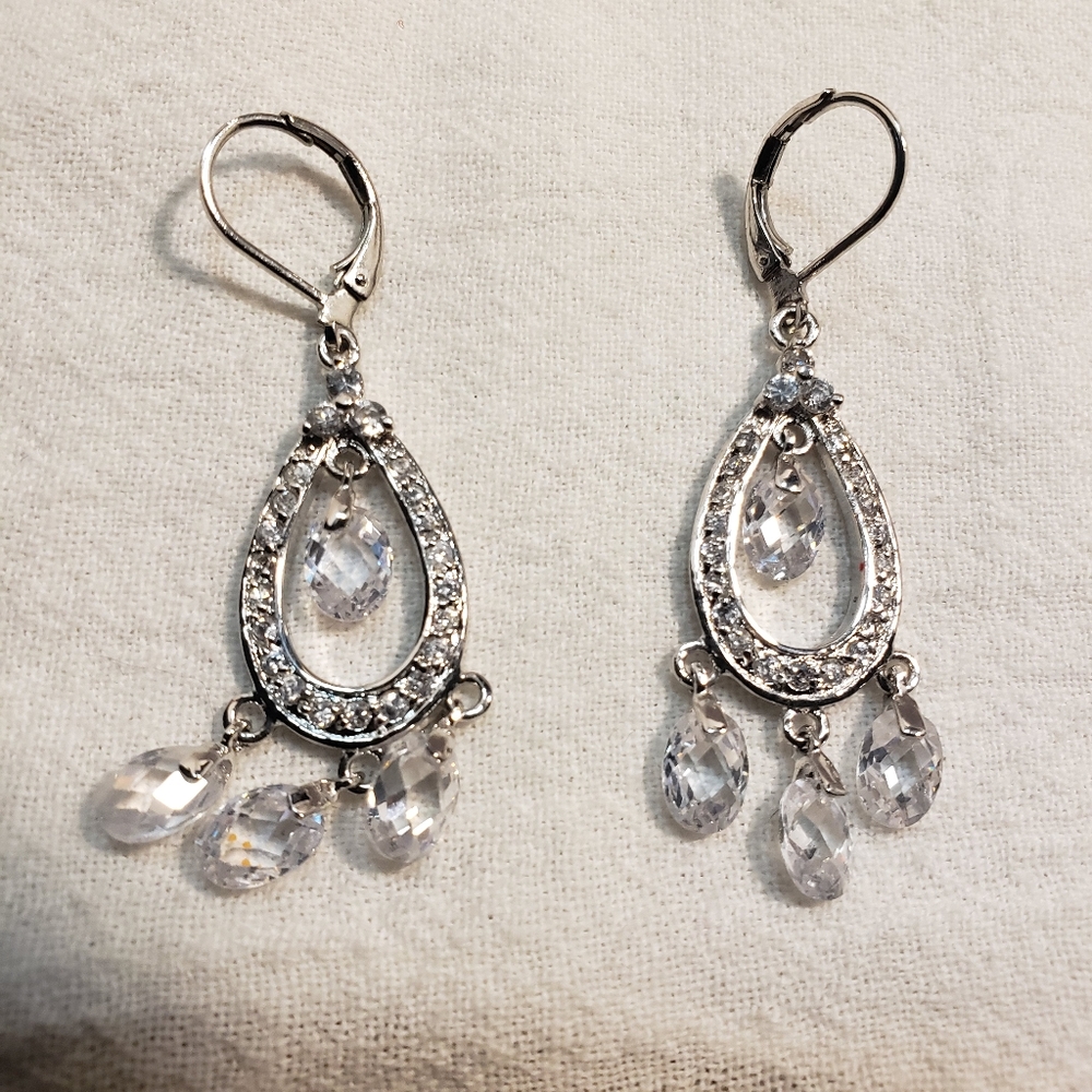 Beautiful Vintage  Tear Drop Silvertone Earrings with Cubic Zirconia